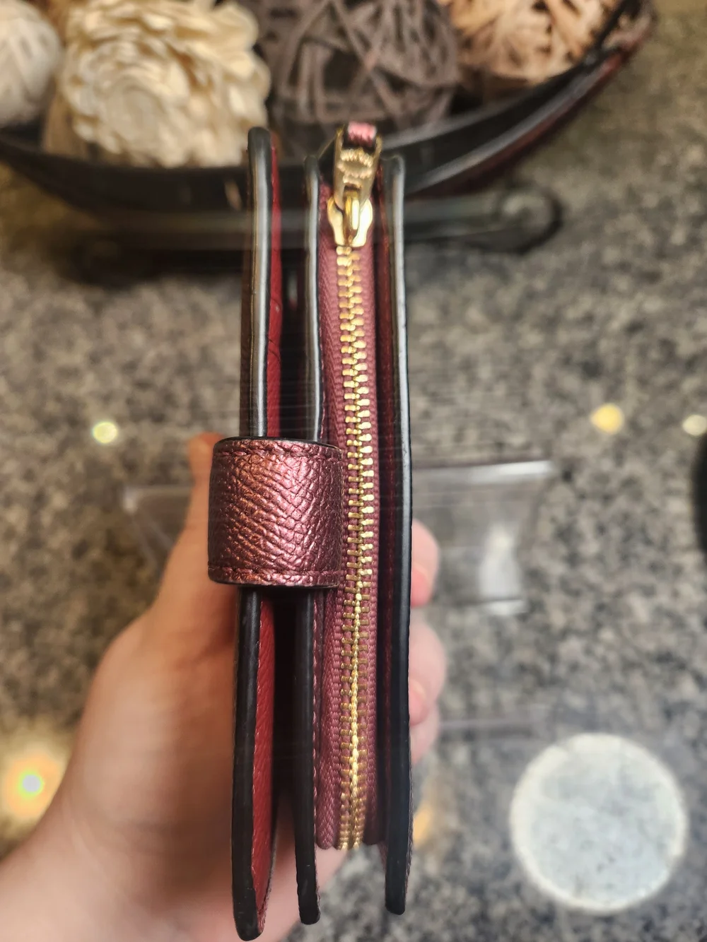 Coach Crossgrain Leather Medium Corner Zip Wallet in Metallic Wine